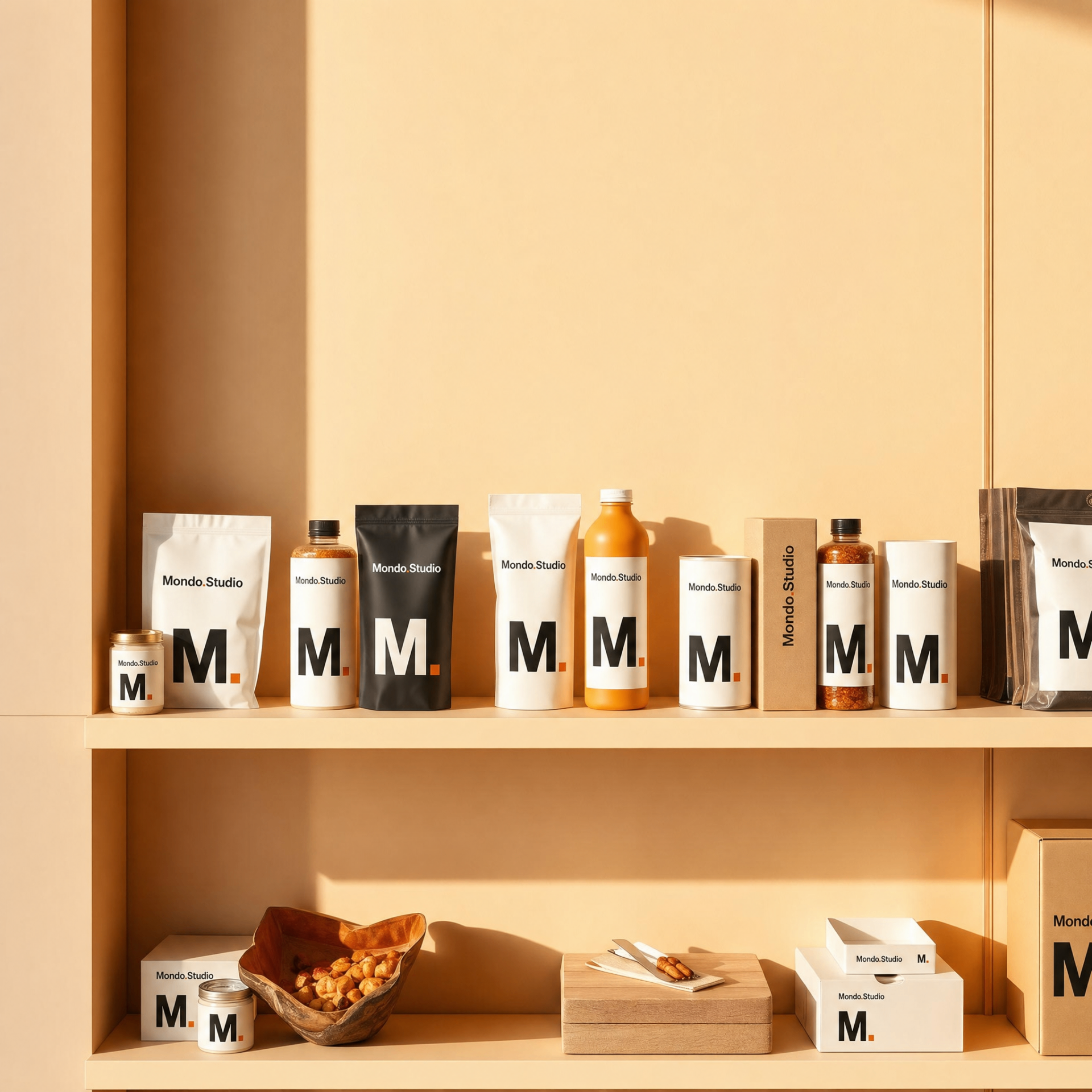 Modern consumer products displayed on a minimalist retail shelf