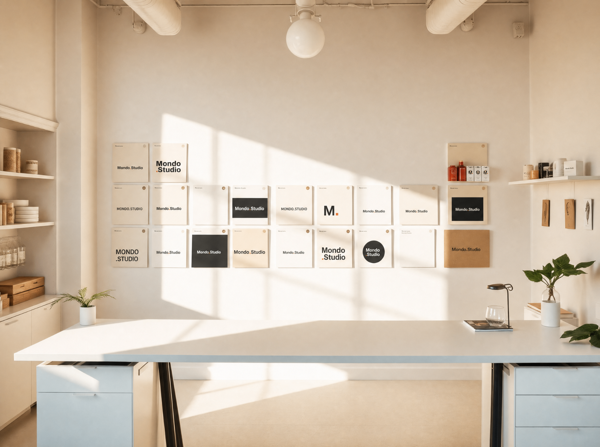 A bright, minimalist London creative studio with product mood boards