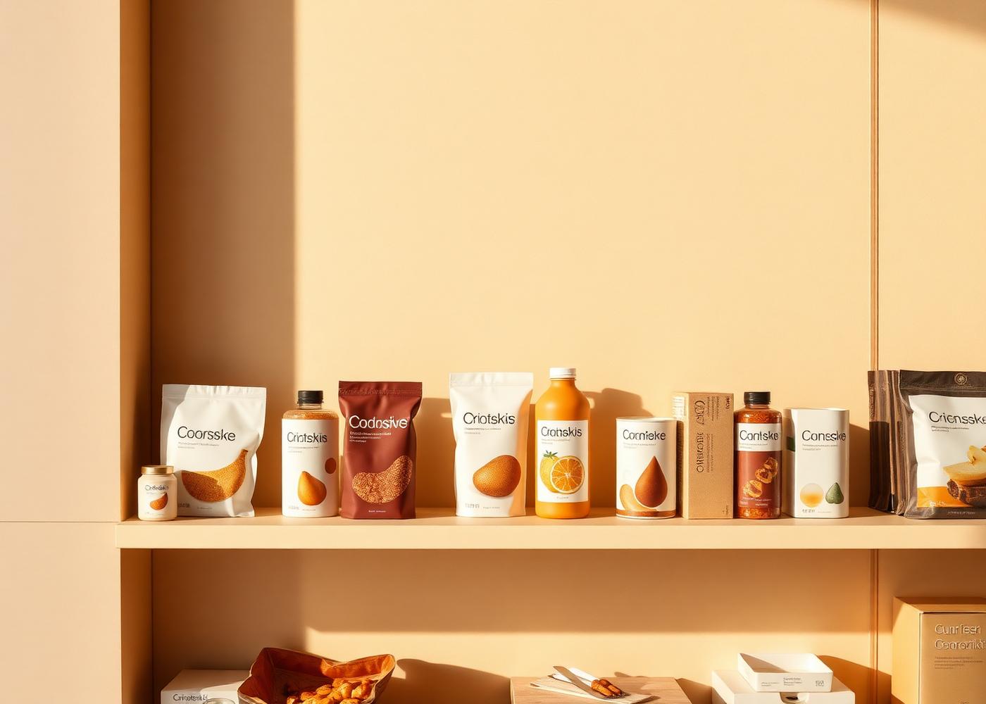 Modern consumer products displayed on a minimalist retail shelf
